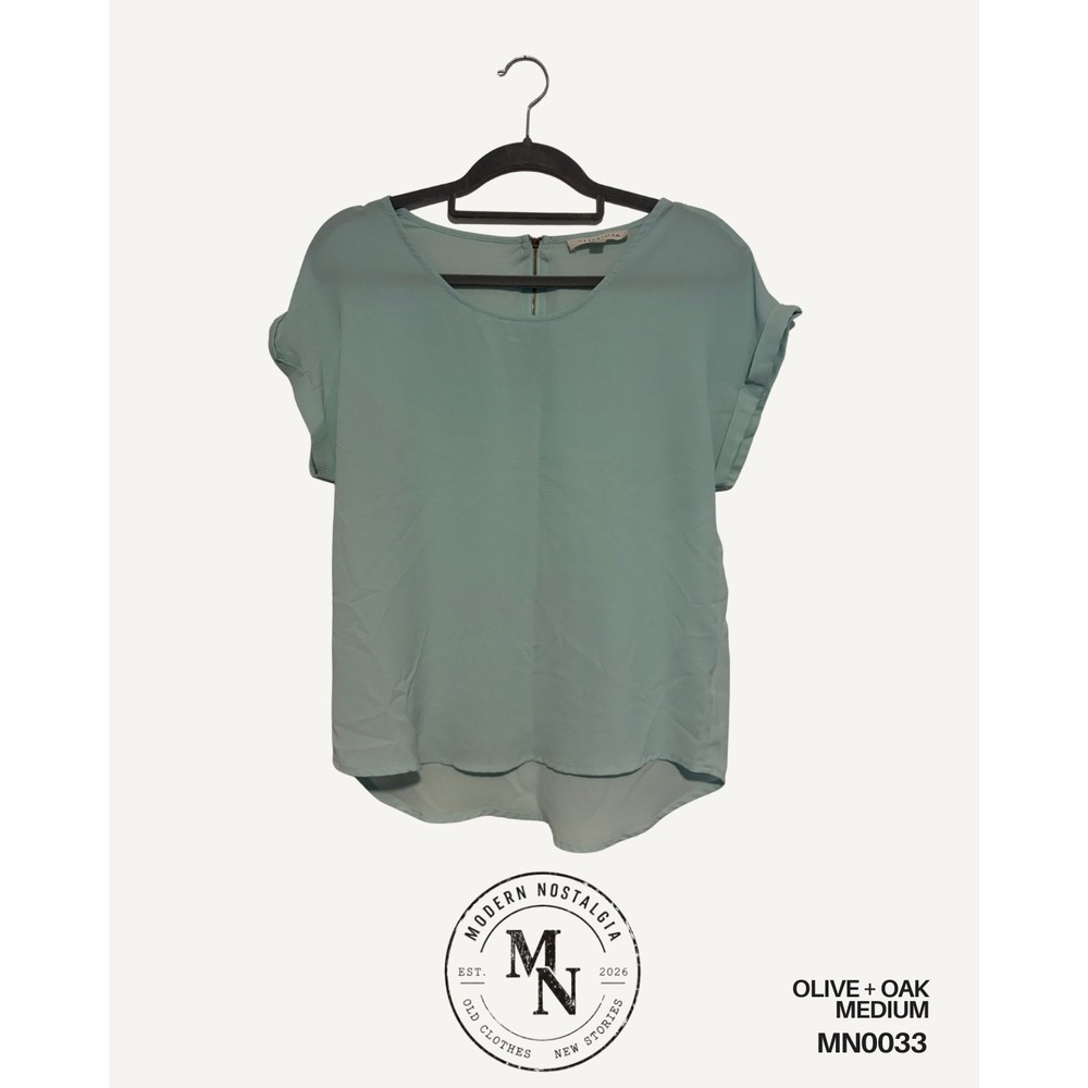 Olive + Oak Women's Medium Teal Short Sleeve Blouse Gold Back Zip